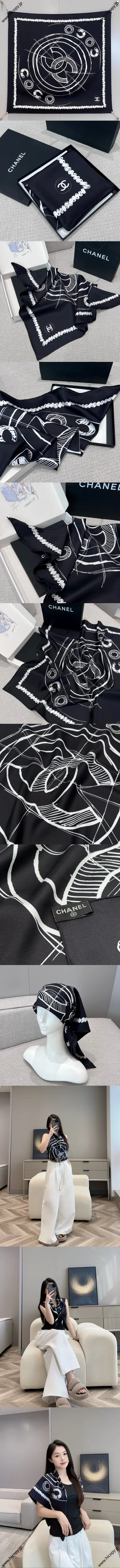 シャネル ブラック シルク スクエアスカーフ 90x90cm（Chanel000069）