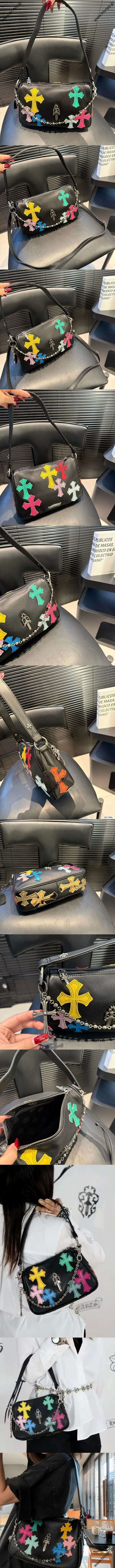クロムハーツ ブラックレザー チキンナゲットバッグ マルチカラークロスパッチワーク (Chrome Hearts015)