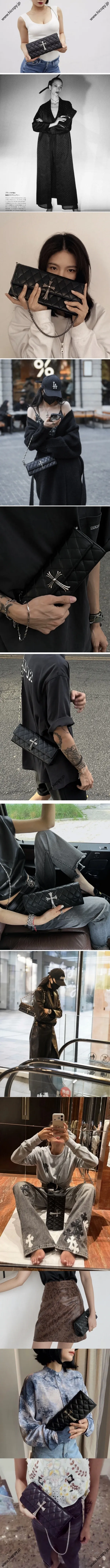 クロムハーツ シルバークロス キルティングレザークラッチバッグ ブラック（Chrome Hearts018）