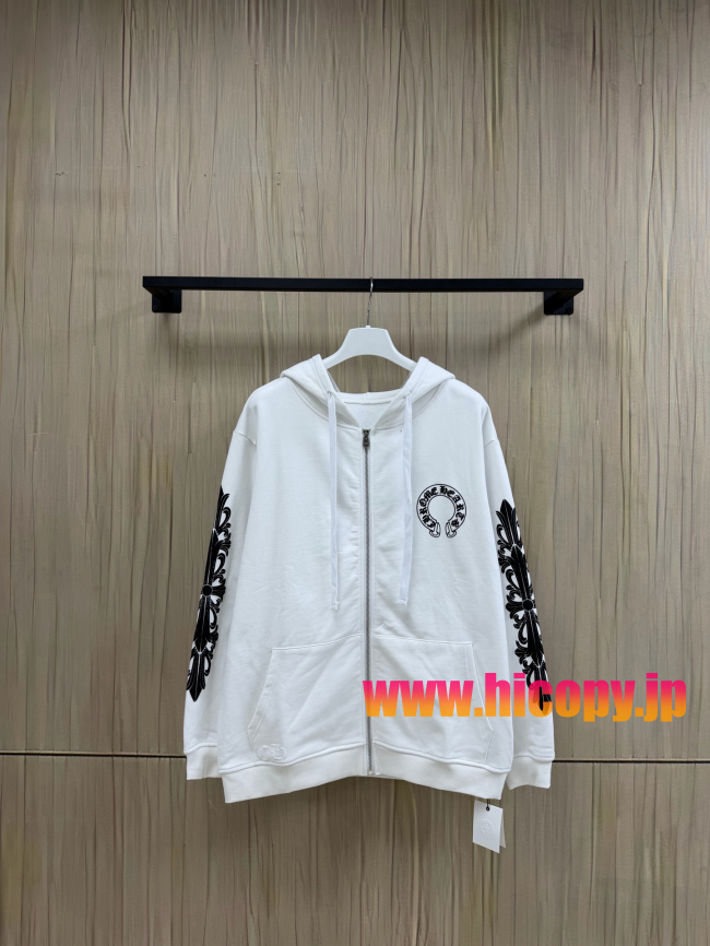 【Chrome Hearts】クロムハーツ ジップパーカー ホワイト 黒ダガープリント 马蹄形ロゴ 500g裏起毛  稀少アイテム