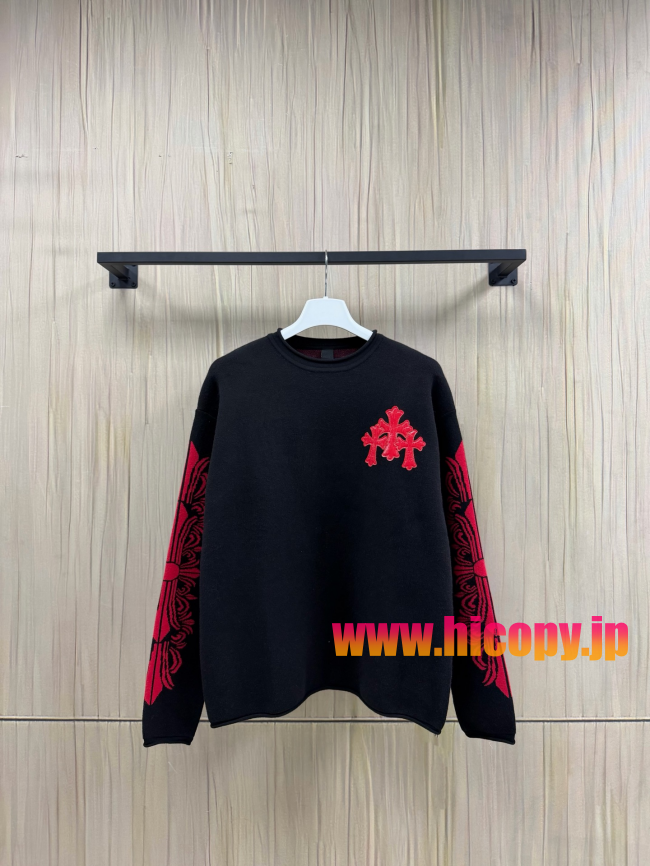 【Chrome Hearts】クロムハーツ クルーネックニット ブラック 赤クロス刺繍 レザースリーブパッチ 60羊毛40カシミヤ混紡 稀少アイテム