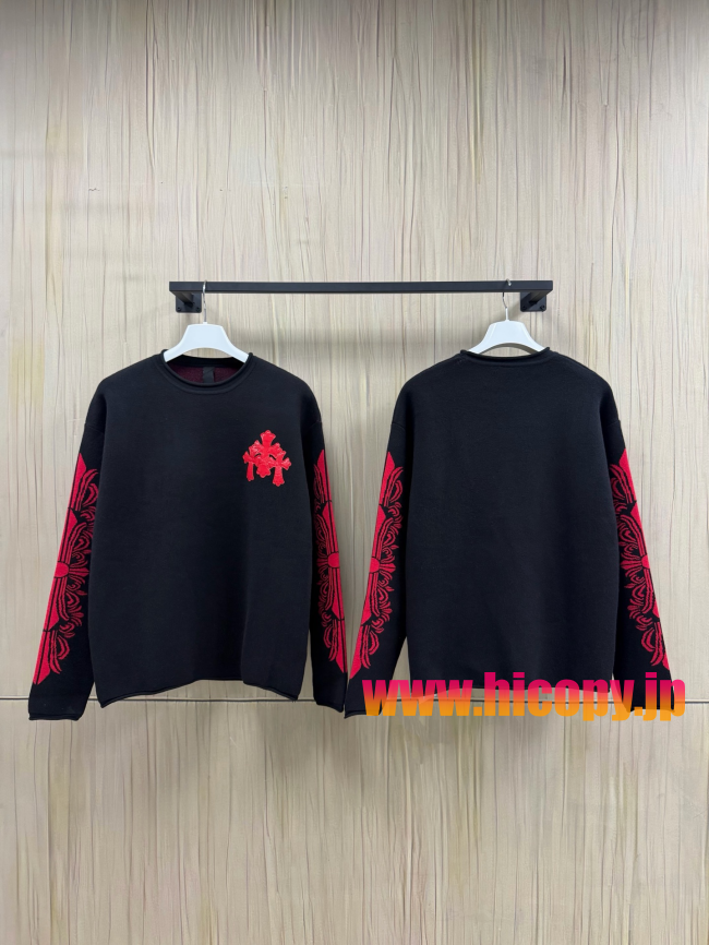 【Chrome Hearts】クロムハーツ クルーネックニット ブラック 赤クロス刺繍 レザースリーブパッチ 60羊毛40カシミヤ混紡 稀少アイテム