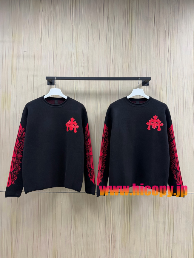 【Chrome Hearts】クロムハーツ クルーネックニット ブラック 赤クロス刺繍 レザースリーブパッチ 60羊毛40カシミヤ混紡 稀少アイテム