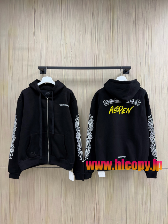 【Chrome Hearts】クロムハーツ ジップパーカー Aspen City Limited アスペン限定 ブラック 白スクロールプリント 500g裏起毛  稀少アイテム