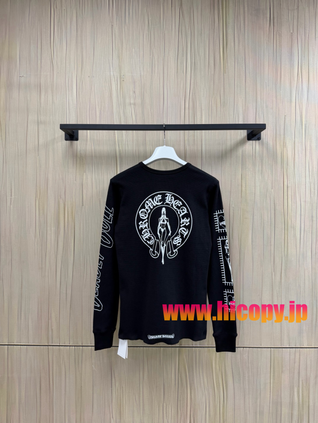 【Chrome Hearts x Deadly Doll】クロムハーツ デッドリー?ドール コラボ ロングスリーブTシャツ ブラック ワッフル生地 定規＆リップ刺繍 280g 稀少限定