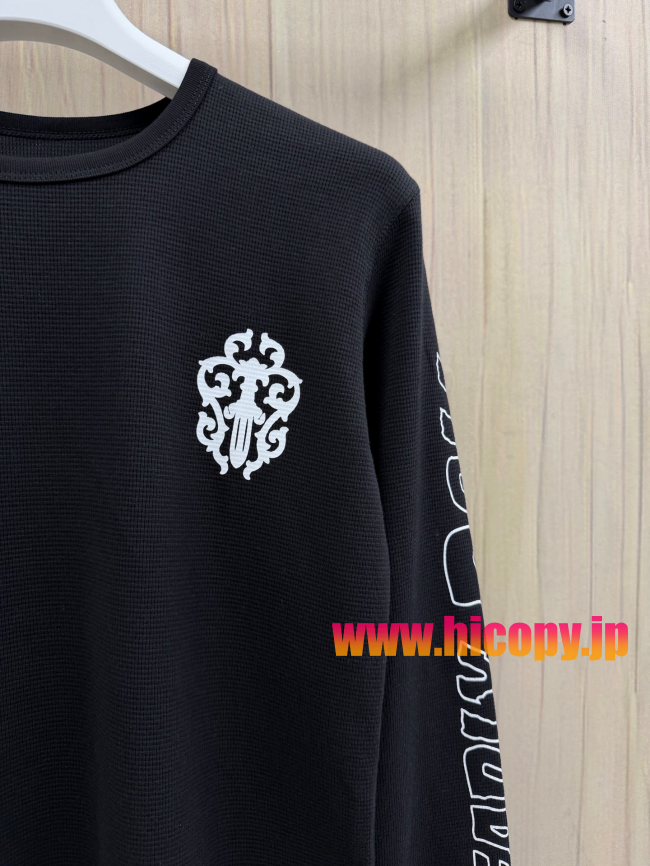 【Chrome Hearts x Deadly Doll】クロムハーツ デッドリー?ドール コラボ ロングスリーブTシャツ ブラック ワッフル生地 定規＆リップ刺繍 280g 稀少限定