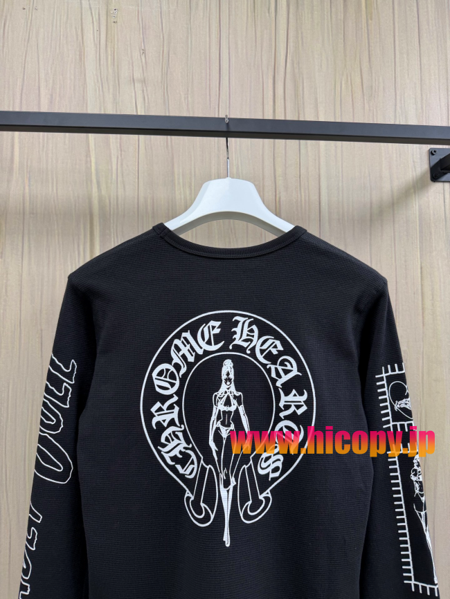 【Chrome Hearts x Deadly Doll】クロムハーツ デッドリー?ドール コラボ ロングスリーブTシャツ ブラック ワッフル生地 定規＆リップ刺繍 280g 稀少限定