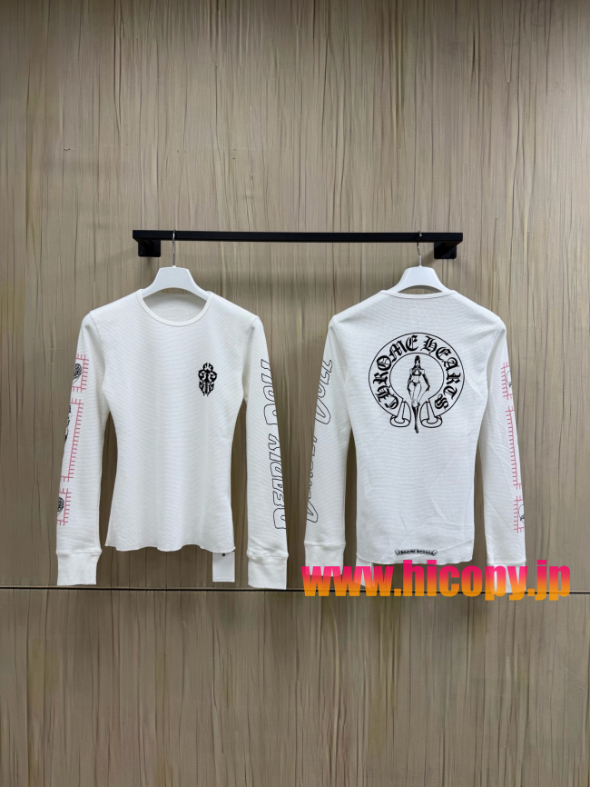 【Chrome Hearts x Deadly Doll】クロムハーツ デッドリー?ドール コラボ ロングスリーブTシャツ ホワイト ワッフル生地 定規＆リップ刺繍 280g 稀少限定