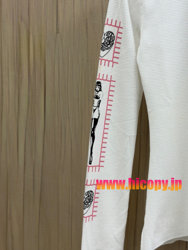 【Chrome Hearts x Deadly Doll】クロムハーツ デッドリー?ドール コラボ ロングスリーブTシャツ ホワイト ワッフル生地 定規＆リップ刺繍 280g 稀少限定