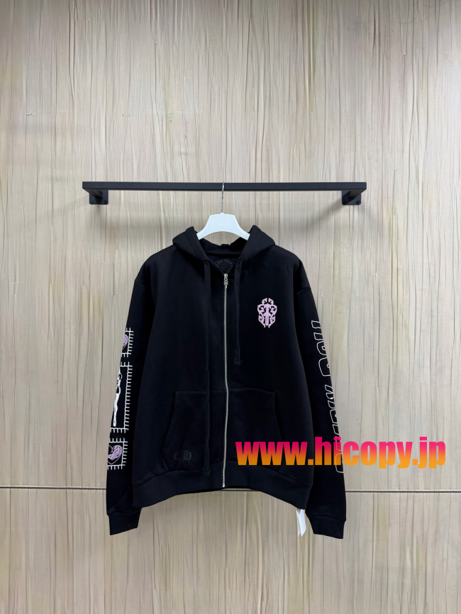 【Chrome Hearts x Deadly Doll】クロムハーツ デッドリー?ドール コラボ ジップパーカー ブラック 420g裏起毛 ピンククロス＆定規プリント  稀少VIP限定
