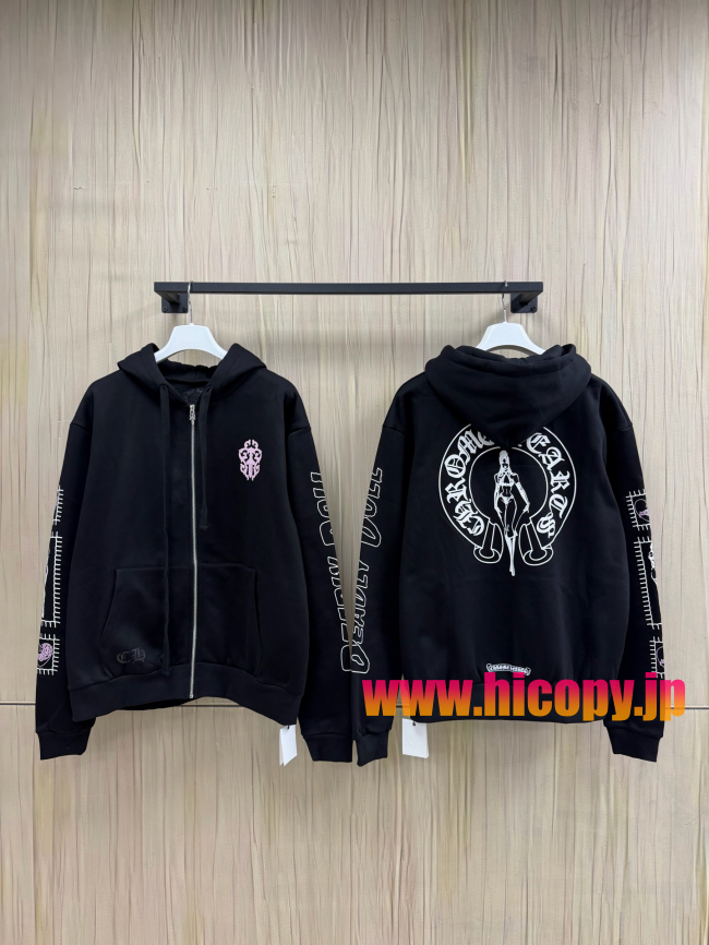 【Chrome Hearts x Deadly Doll】クロムハーツ デッドリー?ドール コラボ ジップパーカー ブラック 420g裏起毛 ピンククロス＆定規プリント  稀少VIP限定