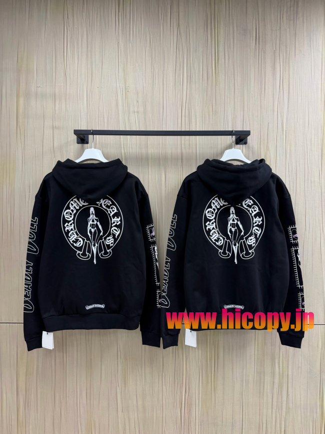 【Chrome Hearts x Deadly Doll】クロムハーツ デッドリー?ドール コラボ ジップパーカー ブラック 420g裏起毛 ピンククロス＆定規プリント  稀少VIP限定