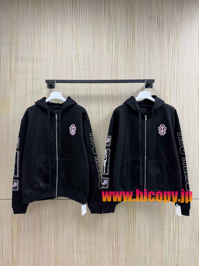 【Chrome Hearts x Deadly Doll】クロムハーツ デッドリー?ドール コラボ ジップパーカー ブラック 420g裏起毛 ピンククロス＆定規プリント  稀少VIP限定
