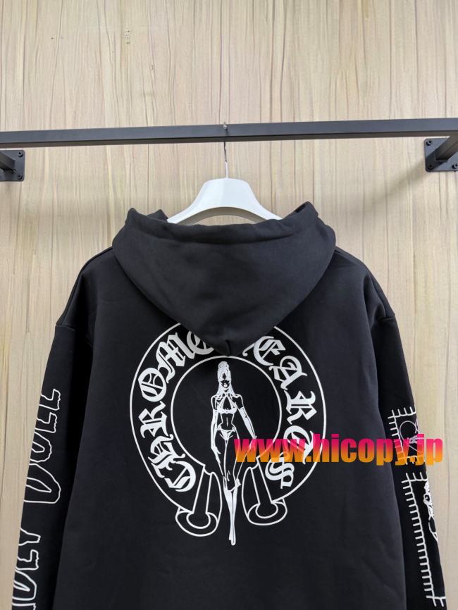 【Chrome Hearts x Deadly Doll】クロムハーツ デッドリー?ドール コラボ ジップパーカー ブラック 420g裏起毛 ピンククロス＆定規プリント  稀少VIP限定
