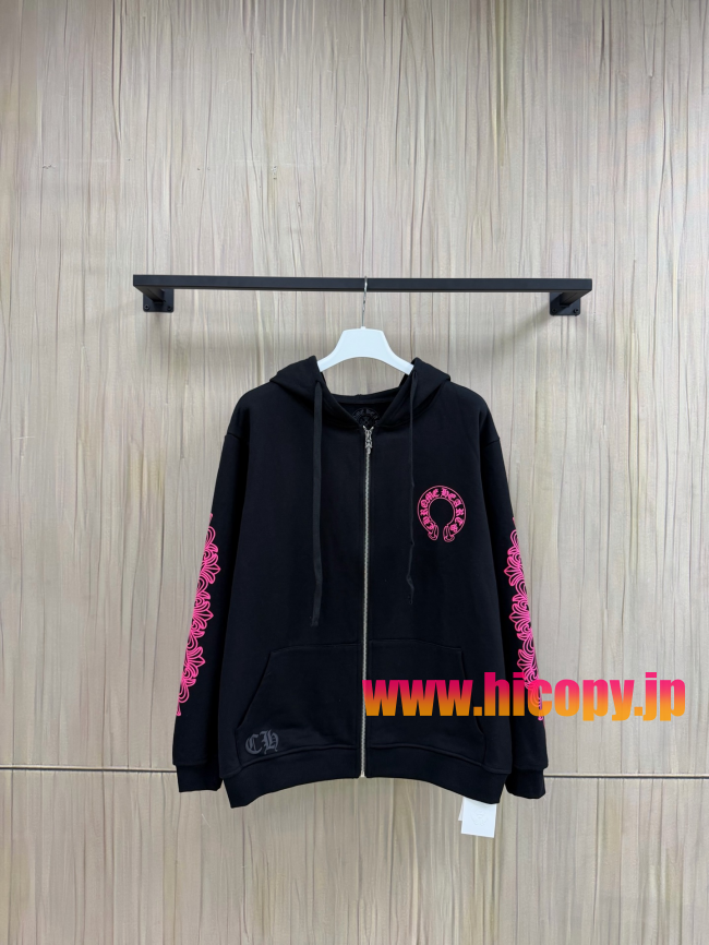 【Chrome Hearts】クロムハーツ ジップパーカー ブラック×ピンク ホースシュー＆ダガープリント 500g極厚裏起毛  稀少アイテム