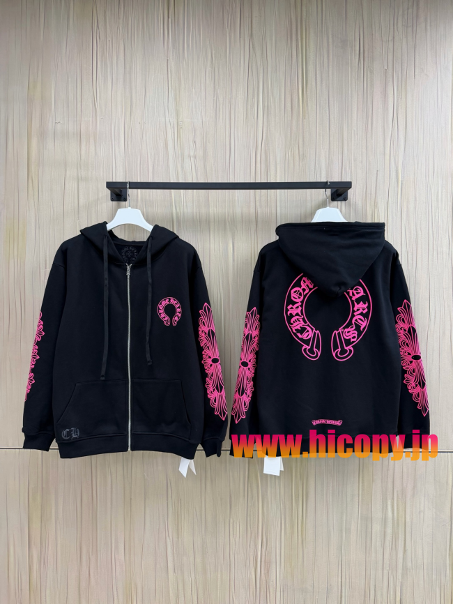 【Chrome Hearts】クロムハーツ ジップパーカー ブラック×ピンク ホースシュー＆ダガープリント 500g極厚裏起毛  稀少アイテム