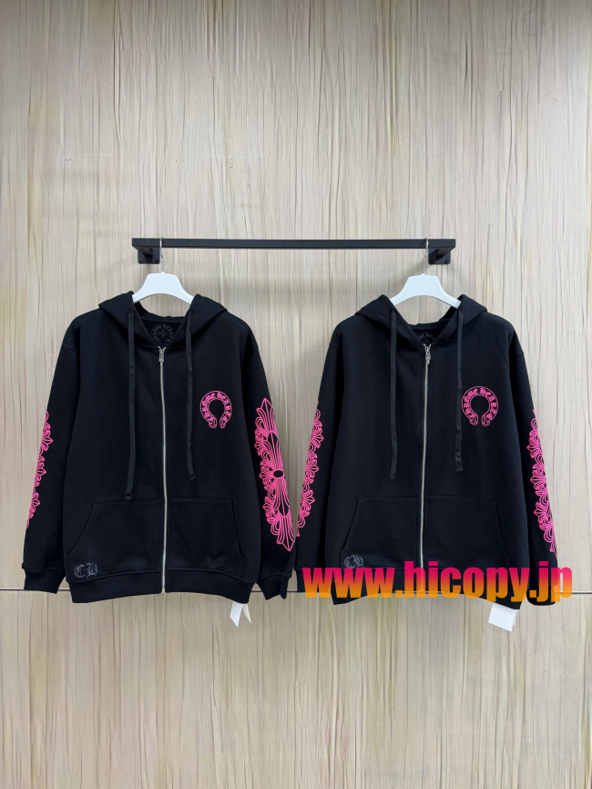 【Chrome Hearts】クロムハーツ ジップパーカー ブラック×ピンク ホースシュー＆ダガープリント 500g極厚裏起毛  稀少アイテム