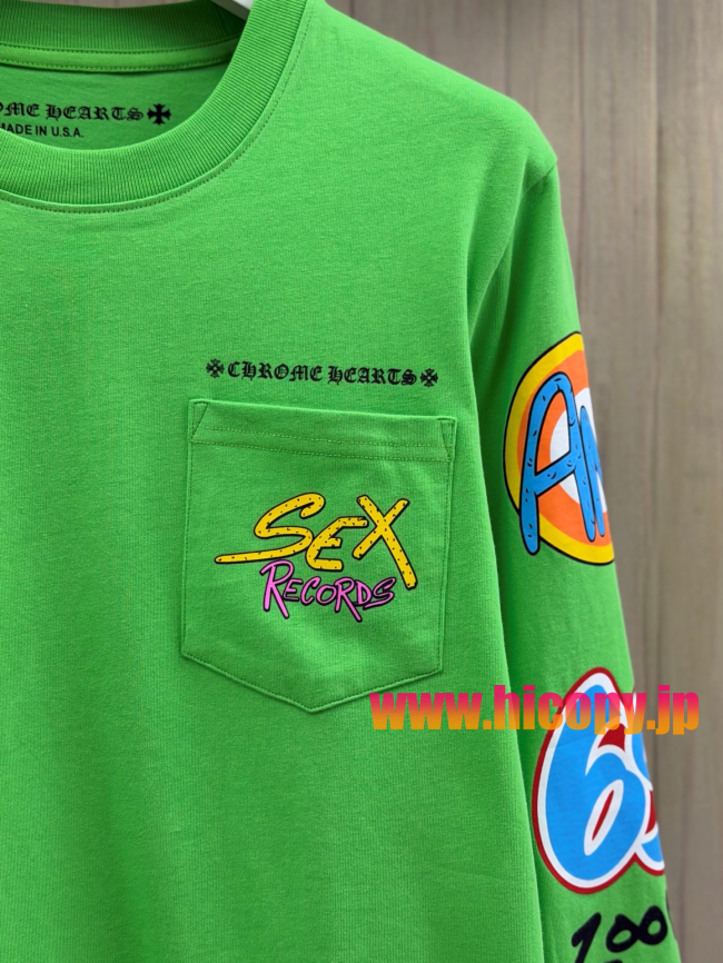 【Chrome Hearts】クロムハーツ × mattyboy コラボ ロングスリーブTシャツ グリーン Sex Records 32番手双糸コットン 展会限定 稀少アイテム