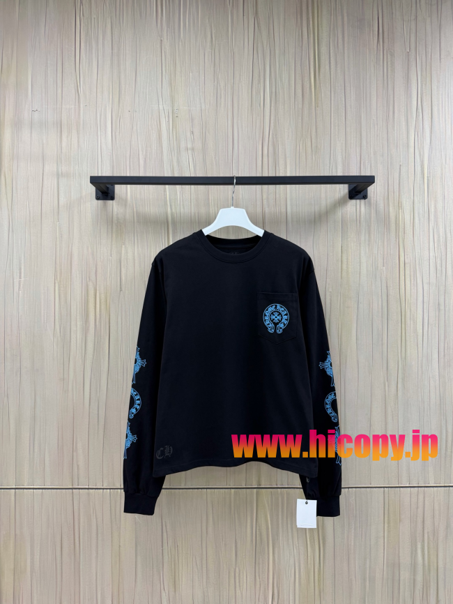 【Chrome Hearts】クロムハーツ ロングスリーブTシャツ ブラック×ブルー ホースシュー＆クロス 40番手双糸 発泡プリント 限定稀少アイテム