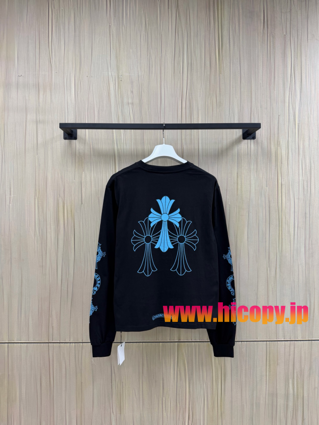 【Chrome Hearts】クロムハーツ ロングスリーブTシャツ ブラック×ブルー ホースシュー＆クロス 40番手双糸 発泡プリント 限定稀少アイテム