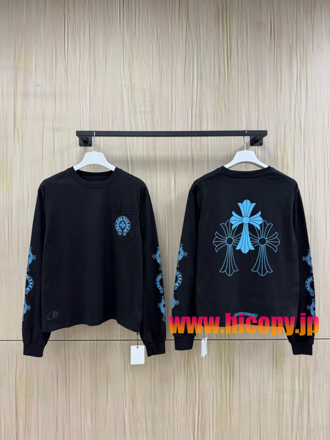 【Chrome Hearts】クロムハーツ ロングスリーブTシャツ ブラック×ブルー ホースシュー＆クロス 40番手双糸 発泡プリント 限定稀少アイテム