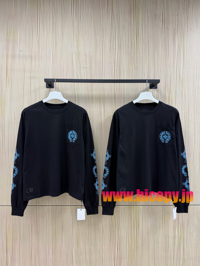 【Chrome Hearts】クロムハーツ ロングスリーブTシャツ ブラック×ブルー ホースシュー＆クロス 40番手双糸 発泡プリント 限定稀少アイテム