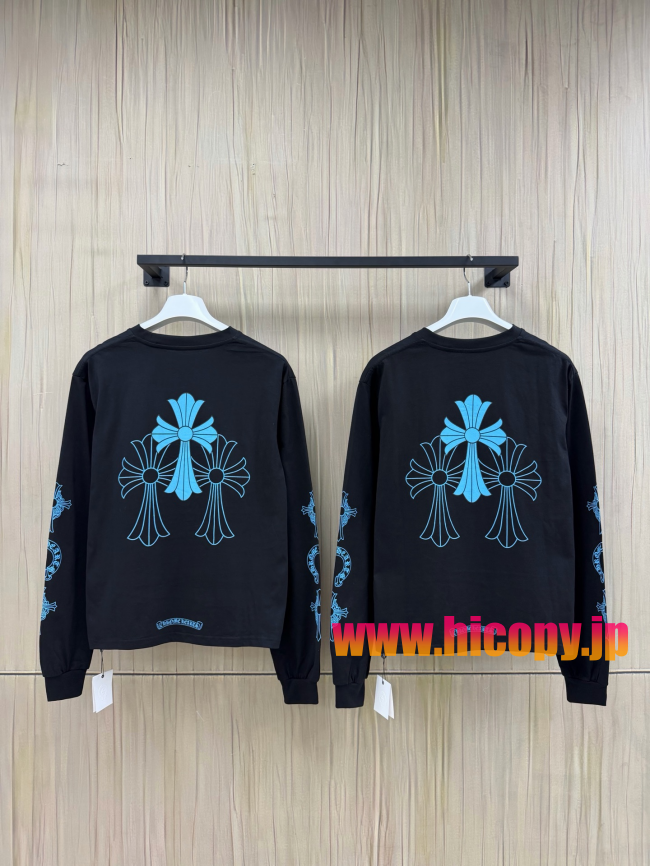 【Chrome Hearts】クロムハーツ ロングスリーブTシャツ ブラック×ブルー ホースシュー＆クロス 40番手双糸 発泡プリント 限定稀少アイテム