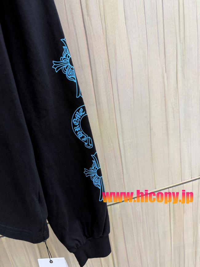 【Chrome Hearts】クロムハーツ ロングスリーブTシャツ ブラック×ブルー ホースシュー＆クロス 40番手双糸 発泡プリント 限定稀少アイテム