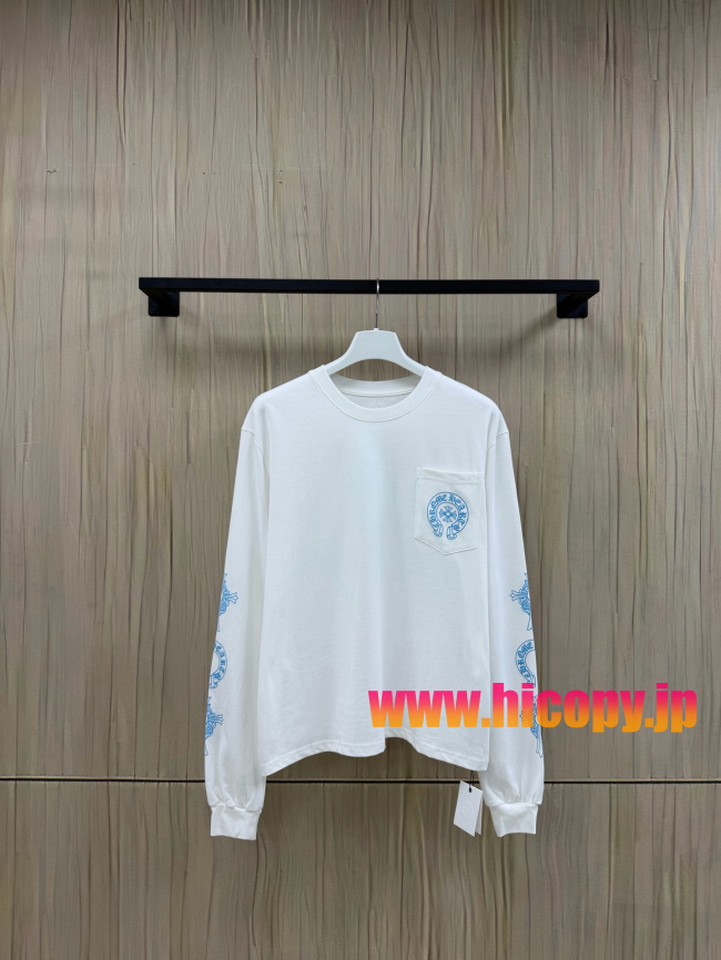【Chrome Hearts】クロムハーツ ロングスリーブTシャツ ホワイト×ブルー ホースシュー＆クロス 40番手双糸 発泡プリント 限定稀少アイテム