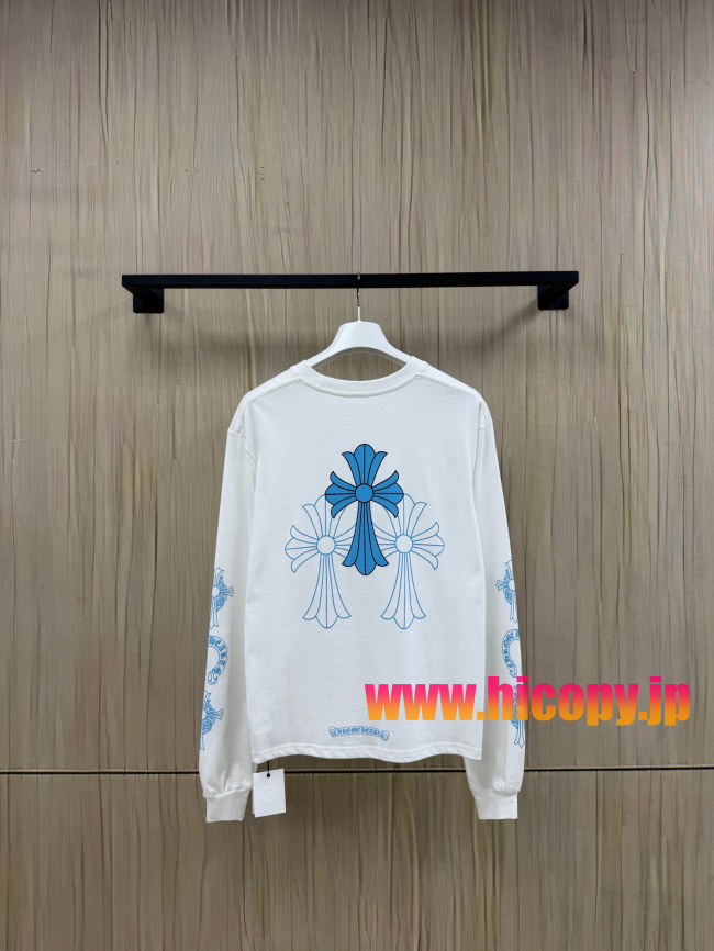 【Chrome Hearts】クロムハーツ ロングスリーブTシャツ ホワイト×ブルー ホースシュー＆クロス 40番手双糸 発泡プリント 限定稀少アイテム
