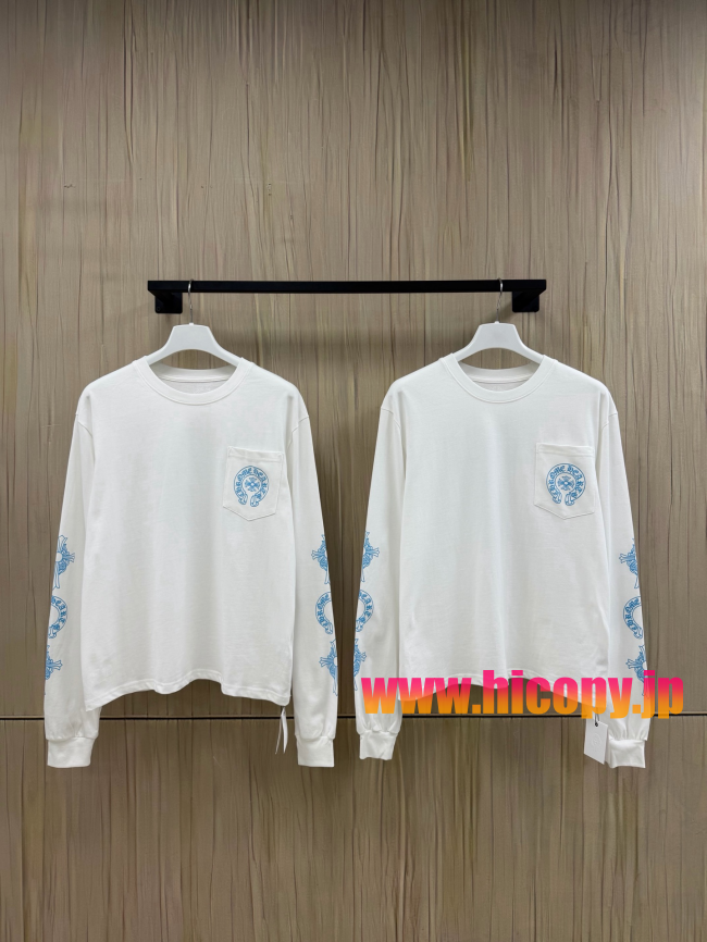 【Chrome Hearts】クロムハーツ ロングスリーブTシャツ ホワイト×ブルー ホースシュー＆クロス 40番手双糸 発泡プリント 限定稀少アイテム