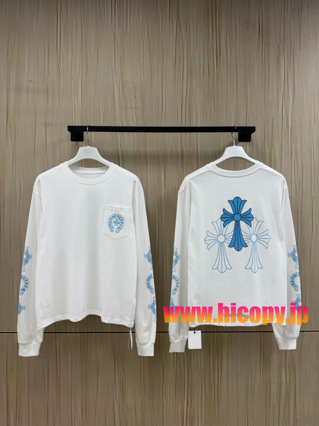 【Chrome Hearts】クロムハーツ ロングスリーブTシャツ ホワイト×ブルー ホースシュー＆クロス 40番手双糸 発泡プリント 限定稀少アイテム