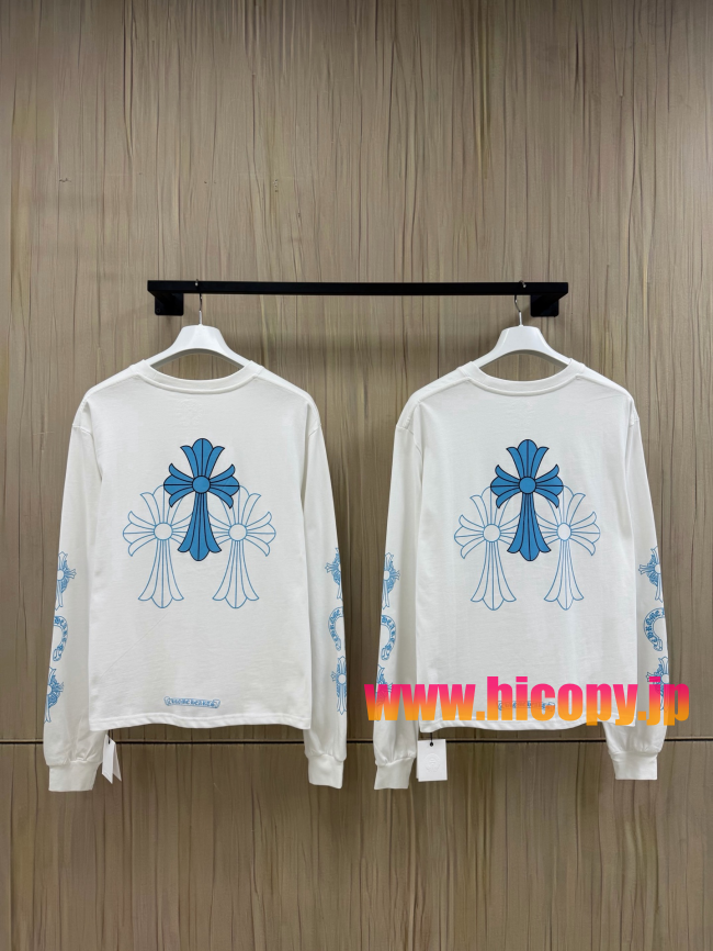 【Chrome Hearts】クロムハーツ ロングスリーブTシャツ ホワイト×ブルー ホースシュー＆クロス 40番手双糸 発泡プリント 限定稀少アイテム