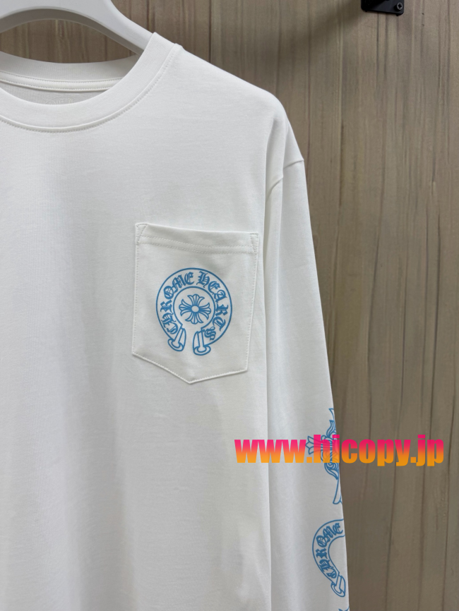 【Chrome Hearts】クロムハーツ ロングスリーブTシャツ ホワイト×ブルー ホースシュー＆クロス 40番手双糸 発泡プリント 限定稀少アイテム