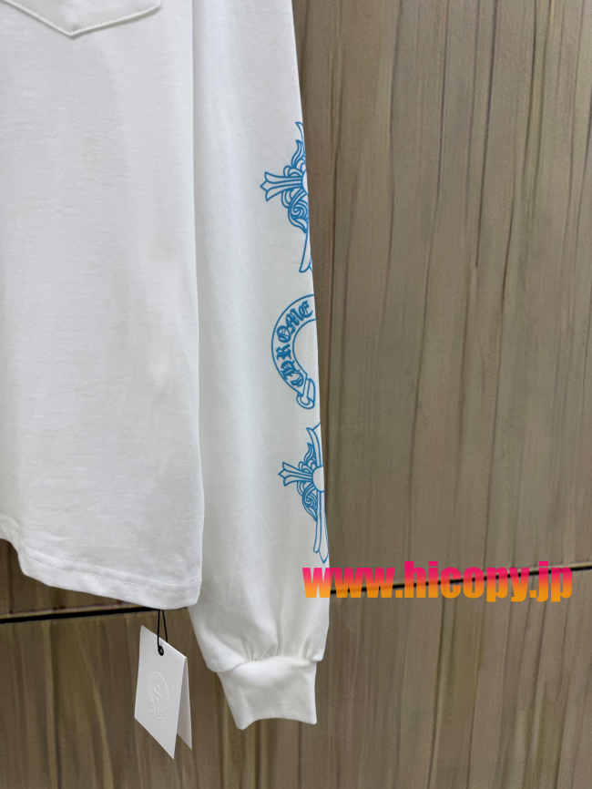 【Chrome Hearts】クロムハーツ ロングスリーブTシャツ ホワイト×ブルー ホースシュー＆クロス 40番手双糸 発泡プリント 限定稀少アイテム