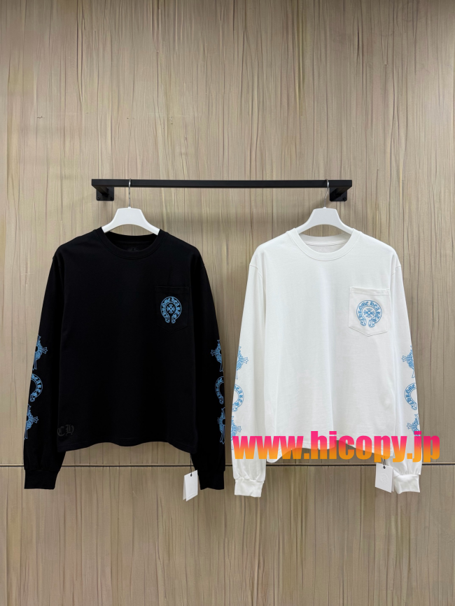 【Chrome Hearts】クロムハーツ ロングスリーブTシャツ ホワイト×ブルー ホースシュー＆クロス 40番手双糸 発泡プリント 限定稀少アイテム