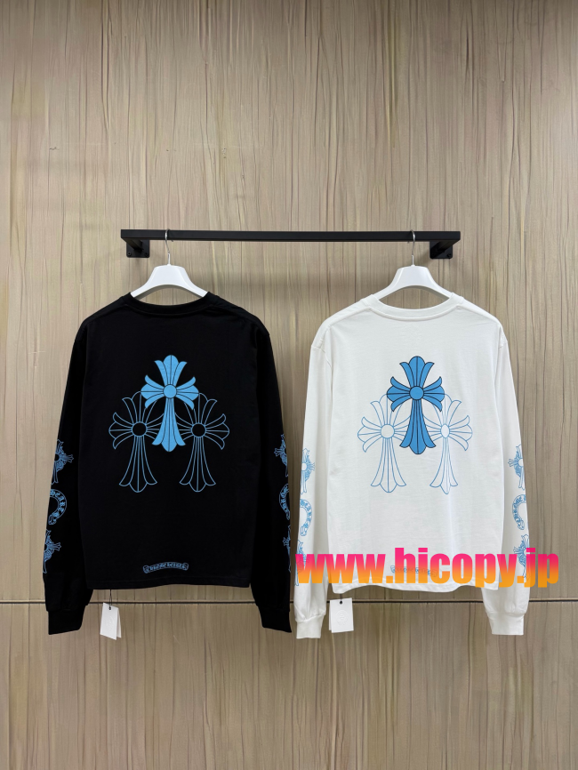 【Chrome Hearts】クロムハーツ ロングスリーブTシャツ ホワイト×ブルー ホースシュー＆クロス 40番手双糸 発泡プリント 限定稀少アイテム