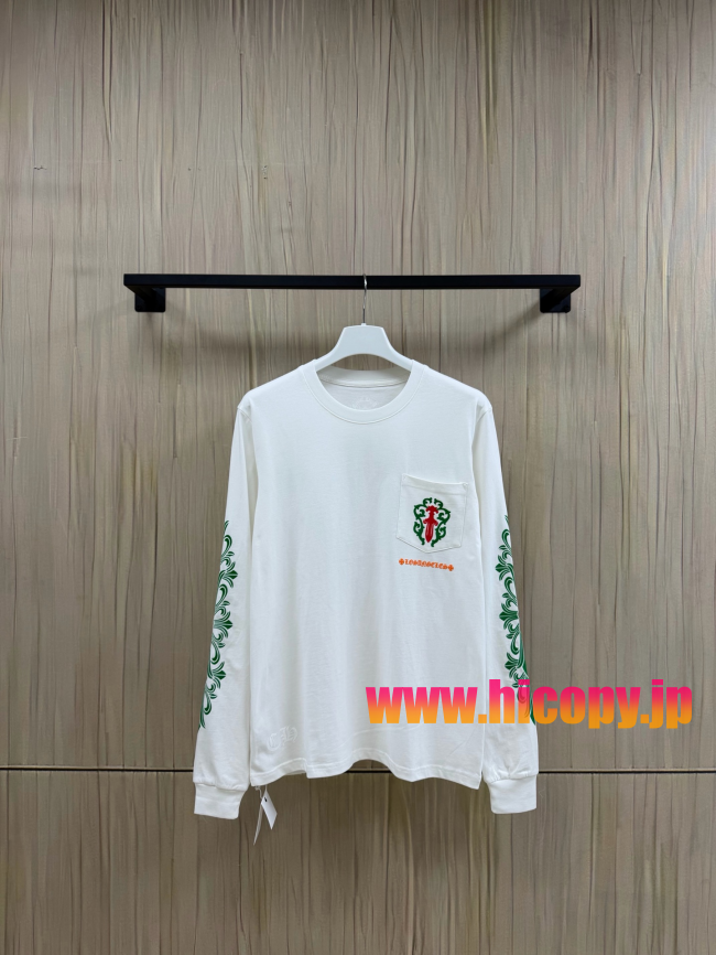 【Chrome Hearts】クロムハーツ LA限定 ロングスリーブTシャツ ホワイト グリーン藤蔓＆ソードエンブレム 32番手双糸コットン 稀少アイテム