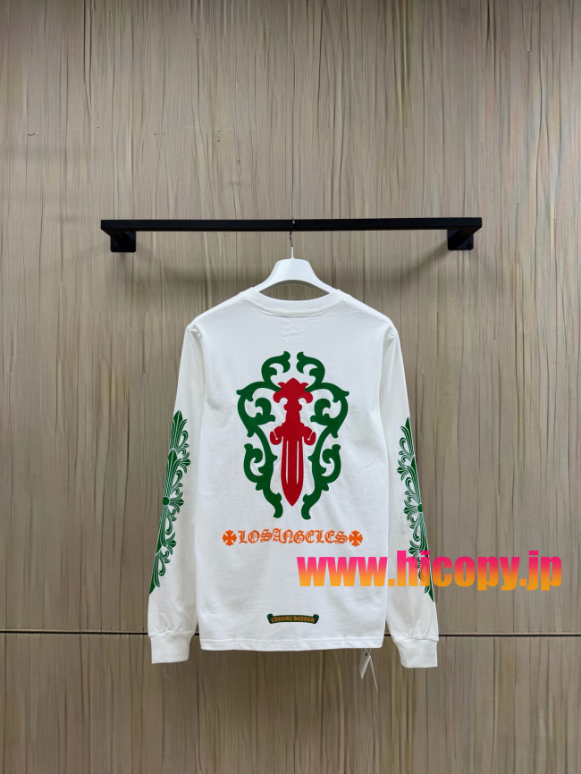 【Chrome Hearts】クロムハーツ LA限定 ロングスリーブTシャツ ホワイト グリーン藤蔓＆ソードエンブレム 32番手双糸コットン 稀少アイテム