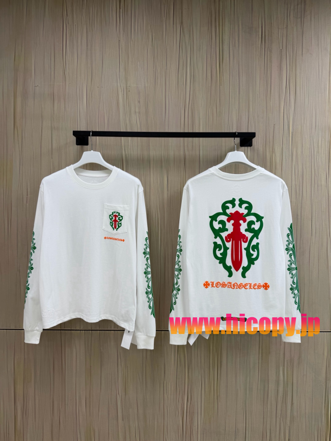 【Chrome Hearts】クロムハーツ LA限定 ロングスリーブTシャツ ホワイト グリーン藤蔓＆ソードエンブレム 32番手双糸コットン 稀少アイテム