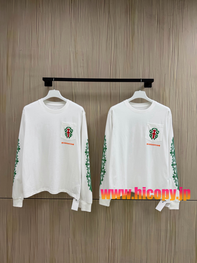 【Chrome Hearts】クロムハーツ LA限定 ロングスリーブTシャツ ホワイト グリーン藤蔓＆ソードエンブレム 32番手双糸コットン 稀少アイテム