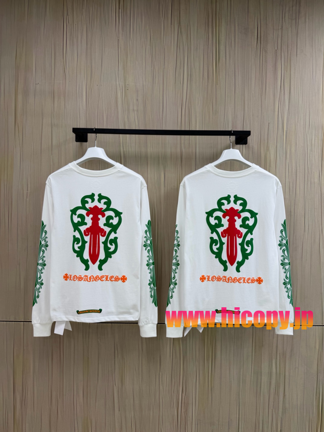 【Chrome Hearts】クロムハーツ LA限定 ロングスリーブTシャツ ホワイト グリーン藤蔓＆ソードエンブレム 32番手双糸コットン 稀少アイテム