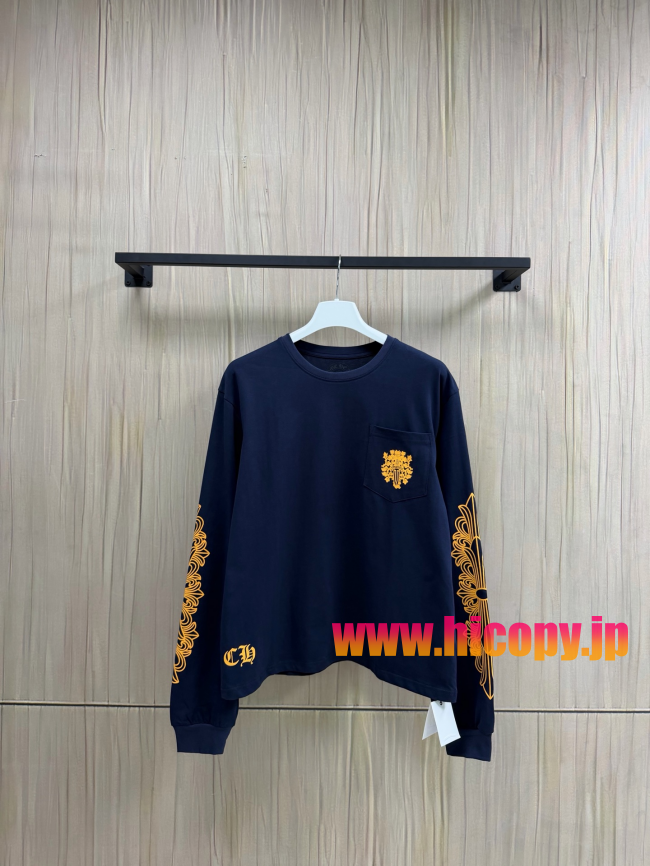 【Chrome Hearts】クロムハーツ 梵文ツタ＆ダガーモチーフ ロングスリーブTシャツ ネイビー×ゴールド ポケット付き 32支双糸綿 190g