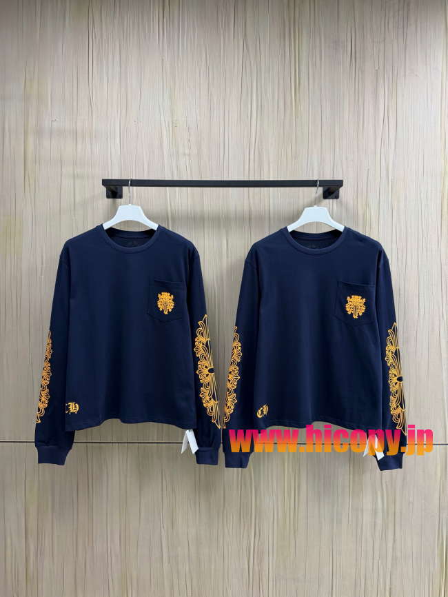 【Chrome Hearts】クロムハーツ 梵文ツタ＆ダガーモチーフ ロングスリーブTシャツ ネイビー×ゴールド ポケット付き 32支双糸綿 190g