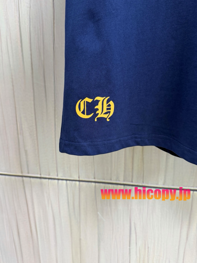 【Chrome Hearts】クロムハーツ 梵文ツタ＆ダガーモチーフ ロングスリーブTシャツ ネイビー×ゴールド ポケット付き 32支双糸綿 190g