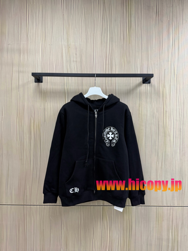 【Chrome Hearts】クロムハーツ フルジップパーカー ブラック 500g重磅コットン ワンポイント刺繍 白銅鍍銀五金 非売品レベル