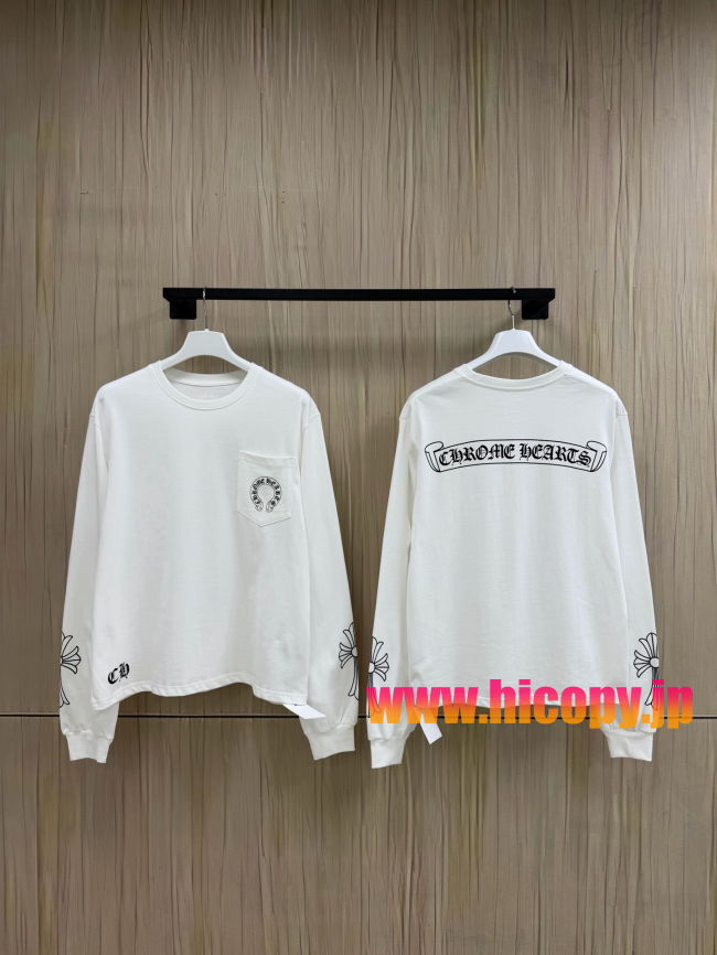 【Chrome Hearts】クロムハーツ ポケットロゴ刺繍＆フラワーモチーフ ロングスリーブTシャツ ホワイト ゴシックフォント 袖口リブ 定番アイテム