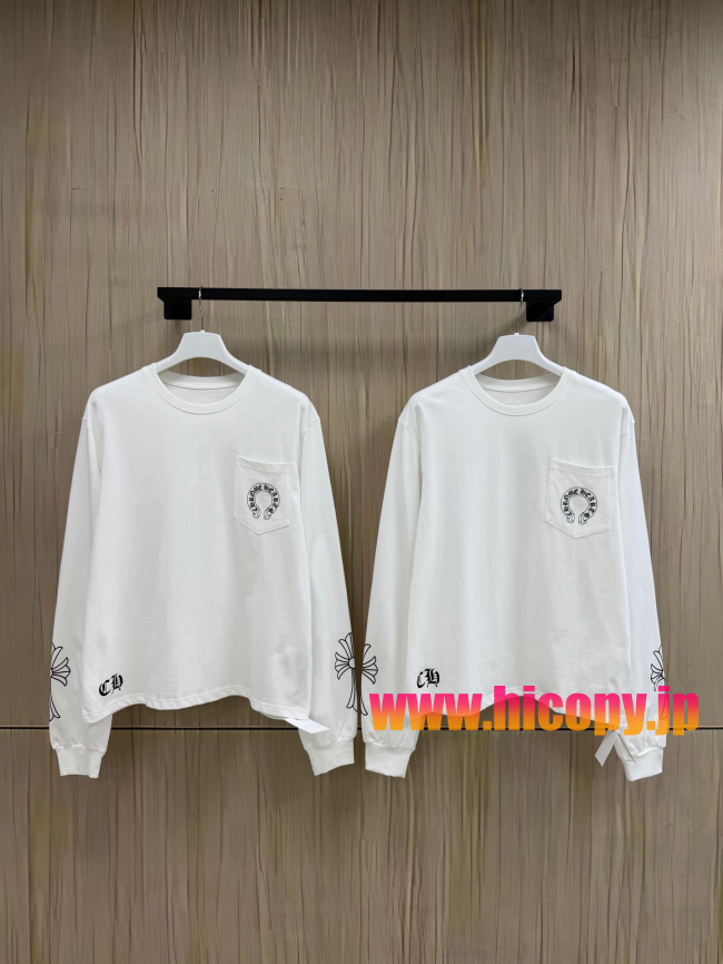 【Chrome Hearts】クロムハーツ ポケットロゴ刺繍＆フラワーモチーフ ロングスリーブTシャツ ホワイト ゴシックフォント 袖口リブ 定番アイテム