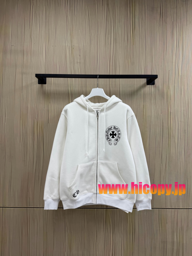 【Chrome Hearts】クロムハーツ フルジップパーカー オフホワイト 500g重磅コットン ワンポイント刺繍