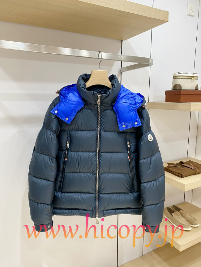モンクレール Moncler コントラストカラー取り外し可能フード付きダウンジャケット ネイビー 男女兼用 hicopymn010